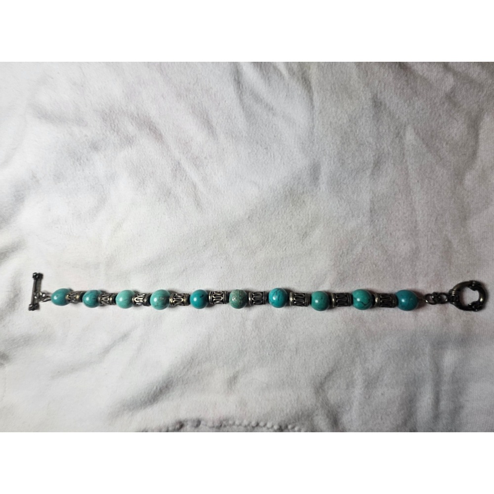 Turquoise Beaded Toggle Bracelet Silver Tone Ornate Spacer Beads Southwestern